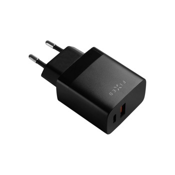 Síťová nabíječka FIXED s USB-C a USB výstupem, podpora PD a QC 3.0, 20W, černá