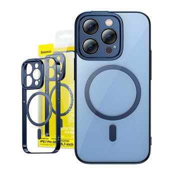 Baseus Glitter Transparentní magnetický kryt a sada tvrzeného skla pro iPhone 14 Pro Max (modrý)