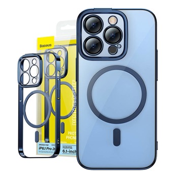 Průhledný magnetický obal Baseus Glitter a sada tvrzeného skla pro iPhone 14 Pro (modrý)