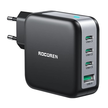 Wall Nabíječka GaN Rocoren 3x USB-C, 1x USB, Power Delivery 3.0, 100W (Černá)